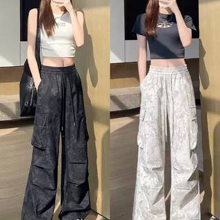 黑色扎染工装裤女夏季薄款2026新款高腰直筒阔腿小个子迷彩运动裤