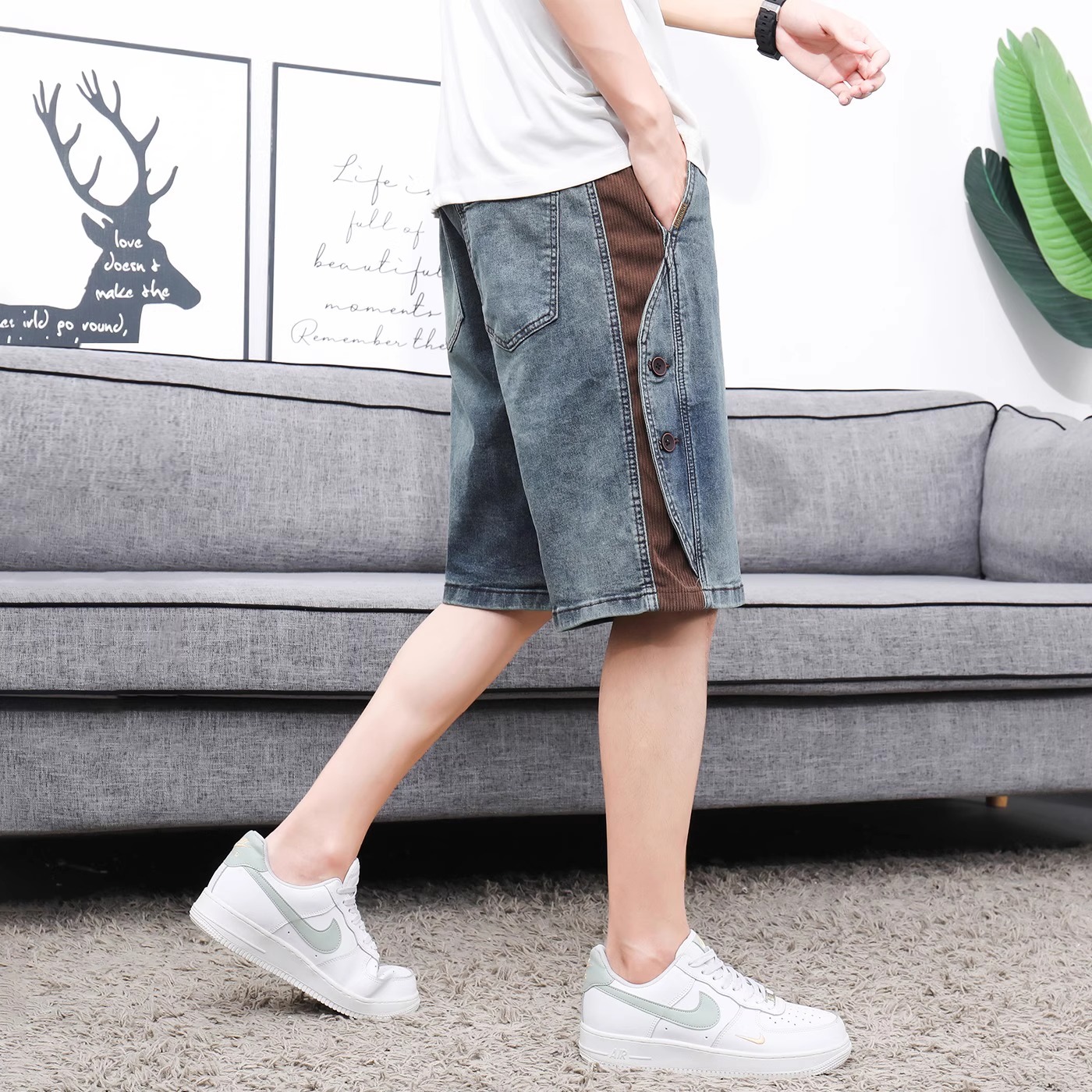 Pantalones Cortos Vaqueros para Hombre de Algodón Corte Recto para Uso Diario