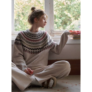 SimpleRetro зимний шерстяной жаккардовый свитер с круглым вырезом и жаккардовым узором, женский ленивый мягкий восковой свитер