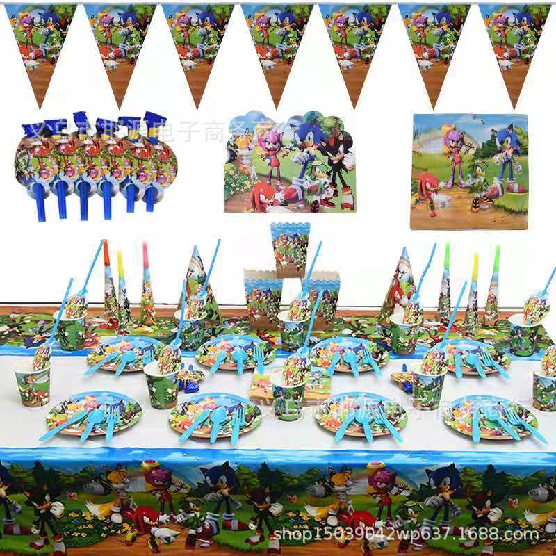Cross-border Sonic Theme Party Decoration Supplies Sonic Children's Party Flag Tablecloth Cup and Plate Set