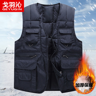 Autumn and Winter Middle-Aged and Elderly down Cotton Vest Men's Dad Thickeneded Warm Large Size Vest Multi-Flap Pocket Pants Waistcoat Vest