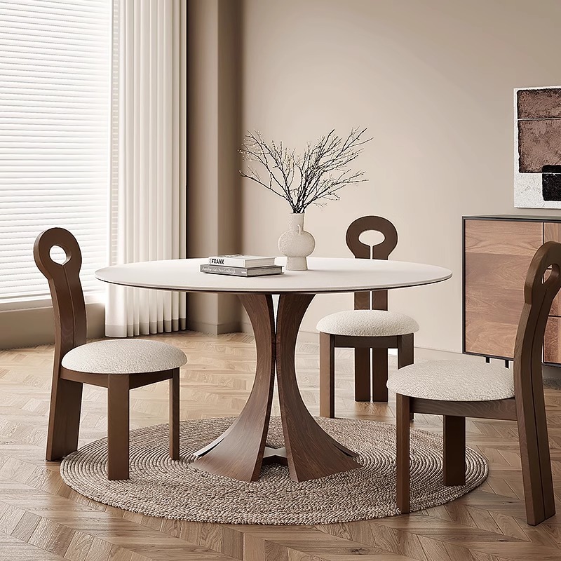 Round Dining Table Small Apartment Household Round Table Retro Simple Dining Table French Mid-Century Style Solid Wood Slate Dining Table