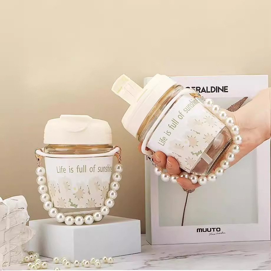 Stylish Glass Water Bottle for Girls, Students—Cute, Minimalist Design with Dual Drinking Ports and Pearl Details, Perfect for Coffee on the Go in Instagram-Worthy Style