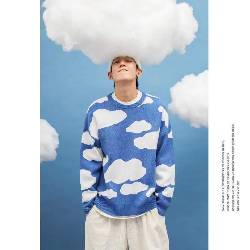 國(guó)潮牌嘻哈藍(lán)天白云寬松套頭毛衣男女情侶加厚針織外套
