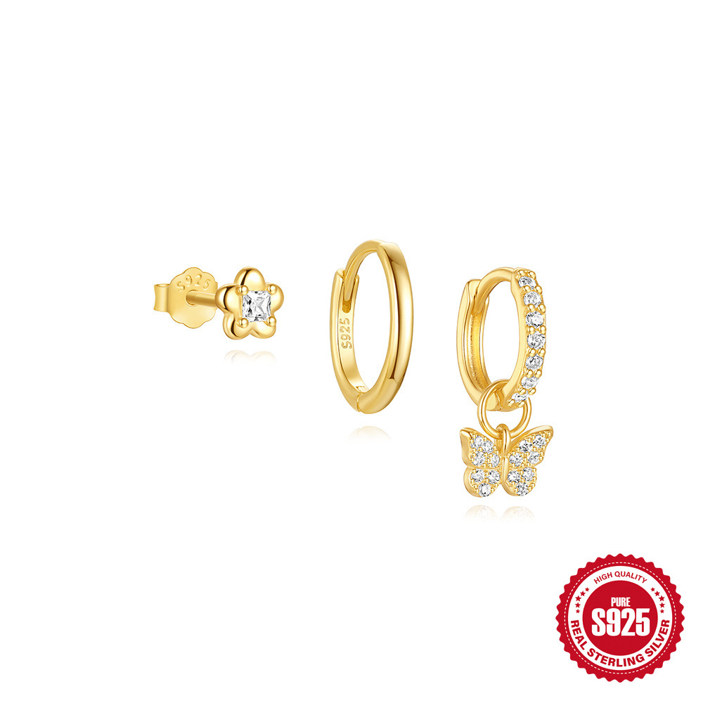 Exquisita mariposa flor mango estrella traje de tres piezas estilo ins S925 plata de ley diseño de nicho de alta calidad oreja de circón