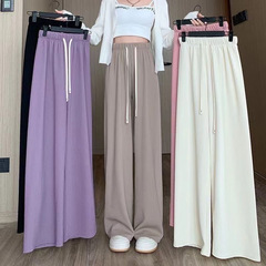 Yunduo ワイドレッグパンツ女性の夏の新しい薄い弾性ウエストドレープハイウエストストレートパンツルーズフロアレングスカジュアルパンツ