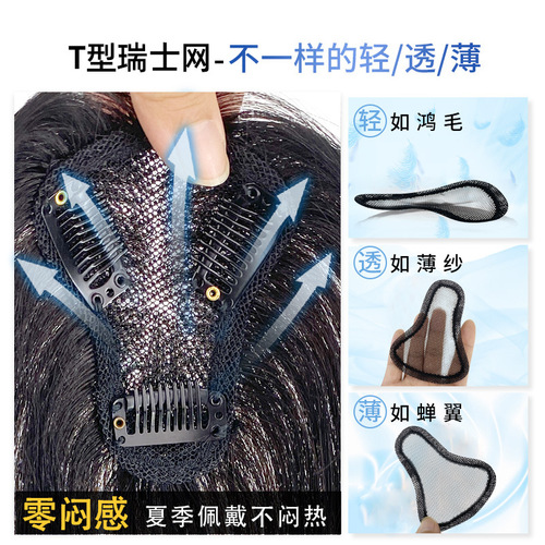 Ultra-thin hand-woven Swiss mesh wig piece Xuchang manufacturer wholesale real hair wig women's head cover white hair replacement piece