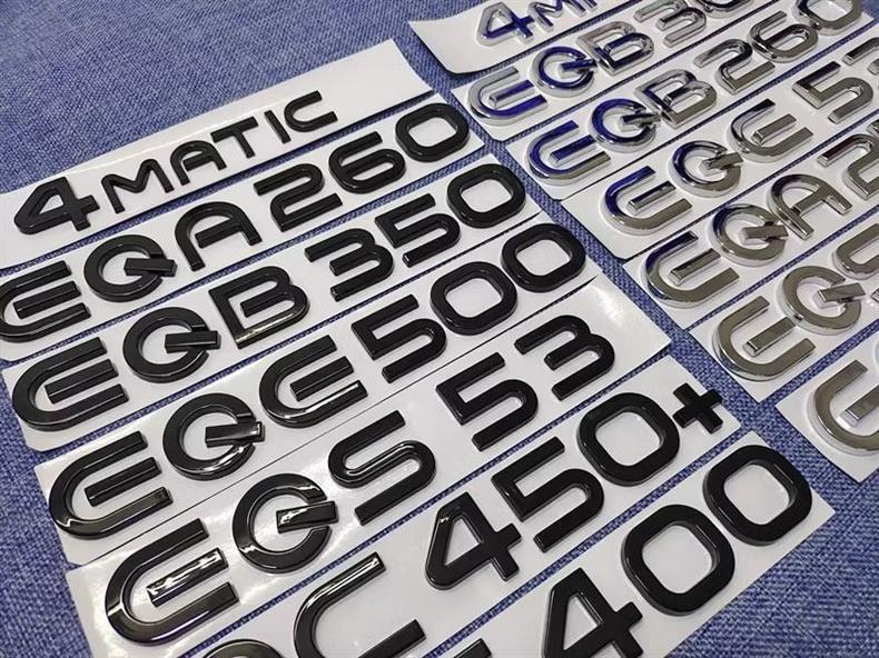 Mercedes-Benz EQA260, EQB350, EQC350, EQE, and EQS450 car emblem stickers, including letter and number designs, and 400 emblem stickers