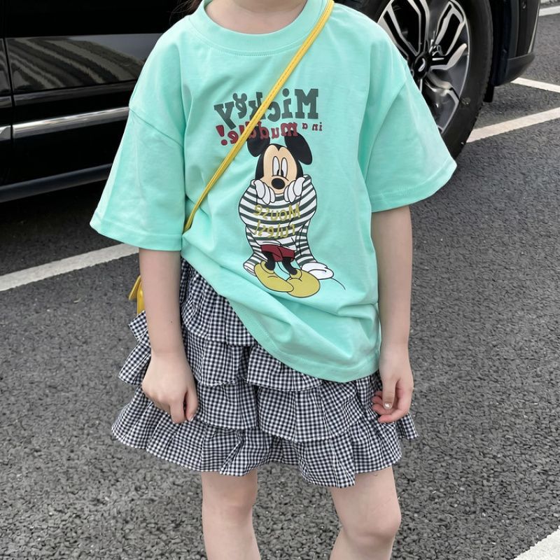 Zhili children's clothing, Korean style, cartoon print T-shirt, sweet ruffle plaid skirt, 2026 summer new fashionable egg style.