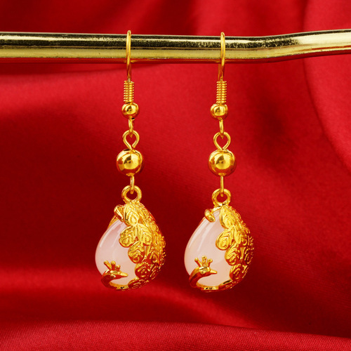 Vietnam Sand Gold Phoenix Gemstone Earrings Ear Hooks Gold Plated Retro Peacock Transfer Beads Long Tassel Temperament Earrings for Women