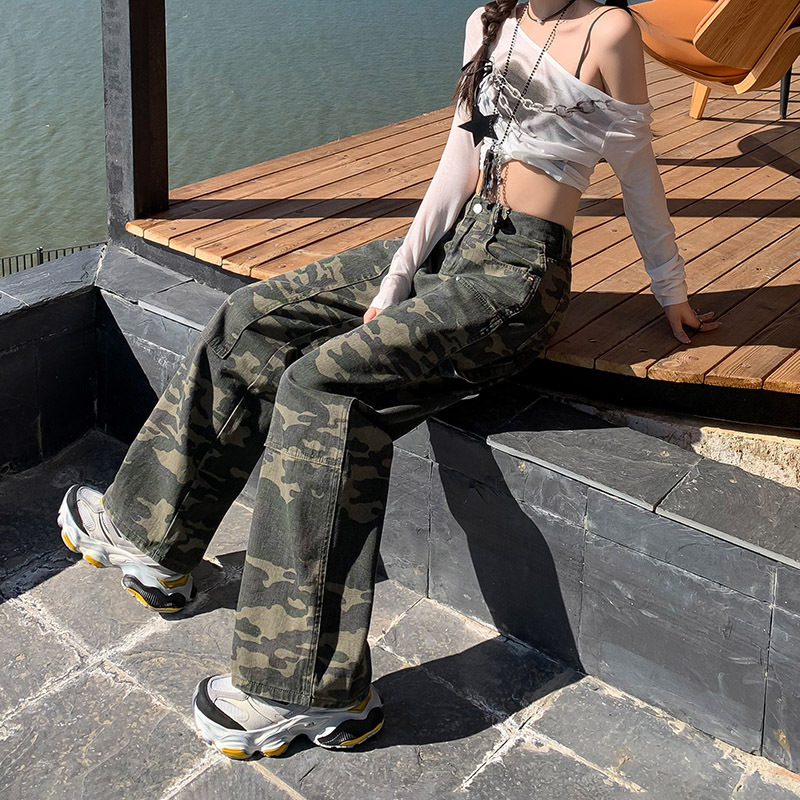 American Style Retro High Street Loose Straight Wide Leg Overalls 2025 Spring Camouflage Jeans Women's Casual Trendy Pants American Style Retro High Street Loose Straight Wide Leg Overalls 2025 Spring Camouflage Jeans Women's Casual Trendy Pants