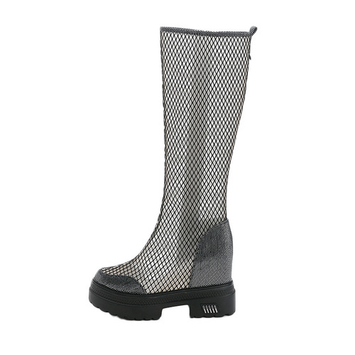 Korean style round toe high boots women's zipper wedge boots mesh breathable casual leather boots
