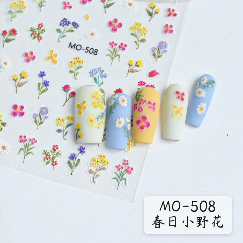 2025 Spring Flower Nail Art Sticker Small Wildflower Color Relief Stereo Hand-painted Wildflower Oil Painting Simple Sticker
