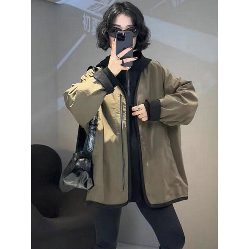 欧货撞色两面穿V领风衣女士秋季新款宽松显瘦百搭棒球中长款外套|undefined