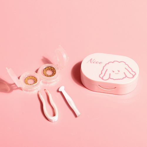 Creative cartoon contact lens case with mirror tweezers, press-printed logo companion box, double storage contact lens box