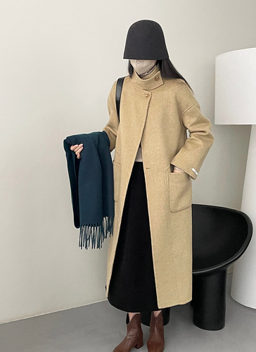韩版设计感小众立领双面羊绒大衣女秋冬气质长款羊毛呢子外套