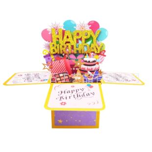 High-End Glitter Pink Happy Birthday Stereo Box Greeting Card Laser Cut Out Happy Birthday Cross-Border Best-Selling