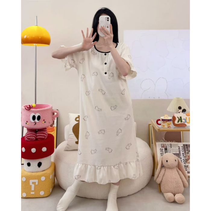 Camisón transfronterizo verano nuevo estilo femenino falda larga de manga corta dulce y linda nube de algodón estilo simple pijama de cuello redondo se puede usar afuera