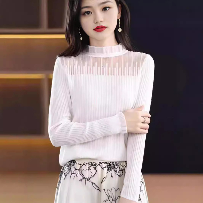 French Style Lace Collar Styish Half-high Collar Knitted Shirt Spring and Autumn New Thin Sweater Long Sleeve Elegant Base Shirt