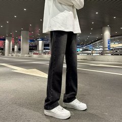 メンズストレートブラックジーンズ、シンプル、トレンディ、耐久性、ゆったり、多用途、カジュアル、マイクロフレア、ハイストリート、ハンサムパンツ卸売