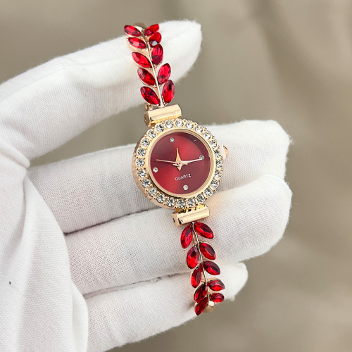 New Fashion Diamond-Embedded Leaf Round Women's Watch with Simple Dial, Adjustable Strap, Cross-Border Exclusive Gift Watch