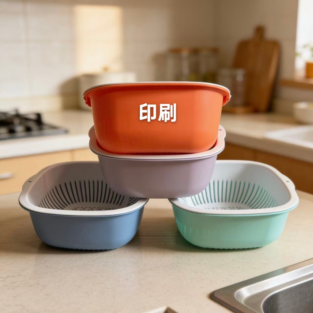 Pp Double-Layer Draining Basket Fruit and Vegetable Basket Vegetable Basket Fruit Basket Household Kitchen Living Room Storage Basket Printing
