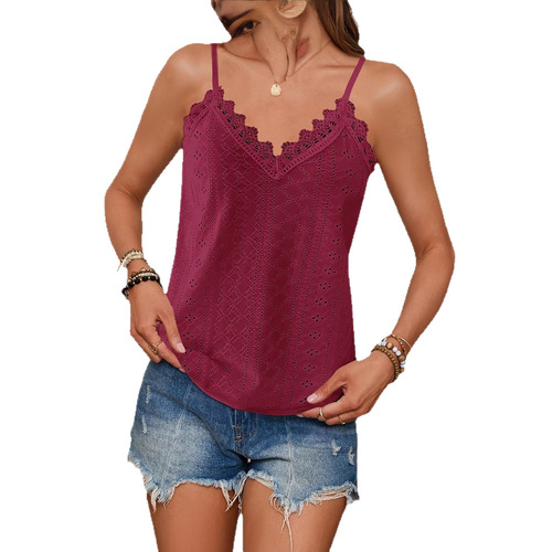 2025 European and American Women's Solid Color Water-Soluble Lace Top Ruffled Backless Tank Top