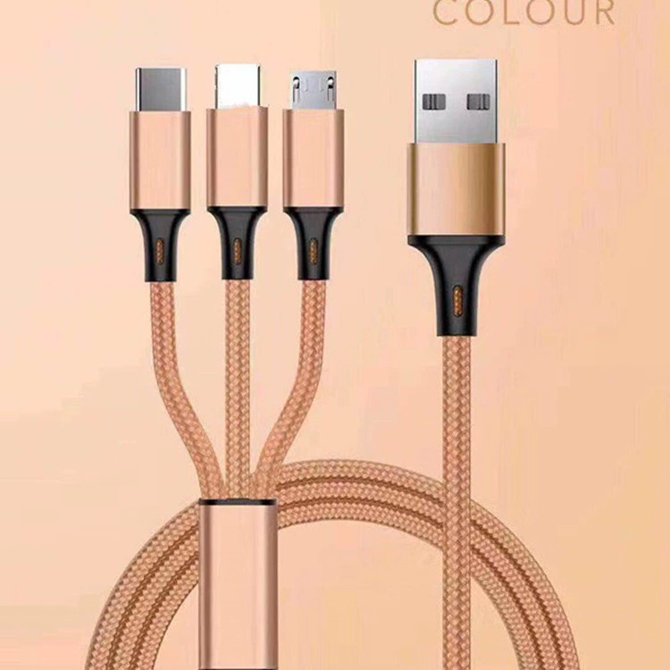 Кабель для зарядки совместимый с Apple и Huawei, 3-в-1 из braided алюминиевого сплава, длина 1,2 м, USB-A на Lightning/Type-C/Micro-USB
