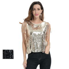 European and American cross-border new sequined tassel camisole plus size women's versatile tops Amazon []