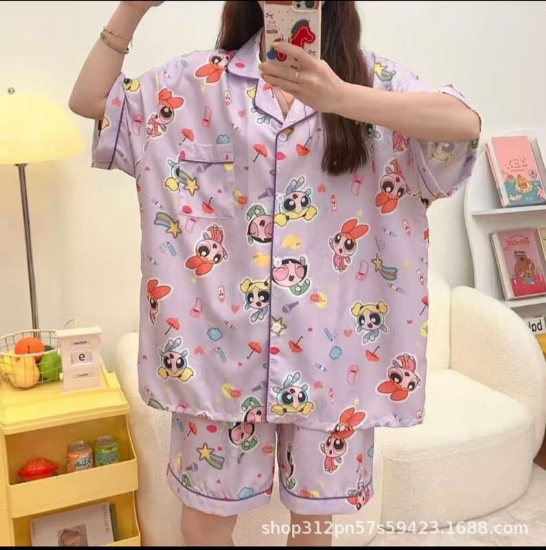 52 Inches Italian Silk Pajamas for Women Summer Korean Style Cartoon Short-Sleeved Shorts Home Wear Set