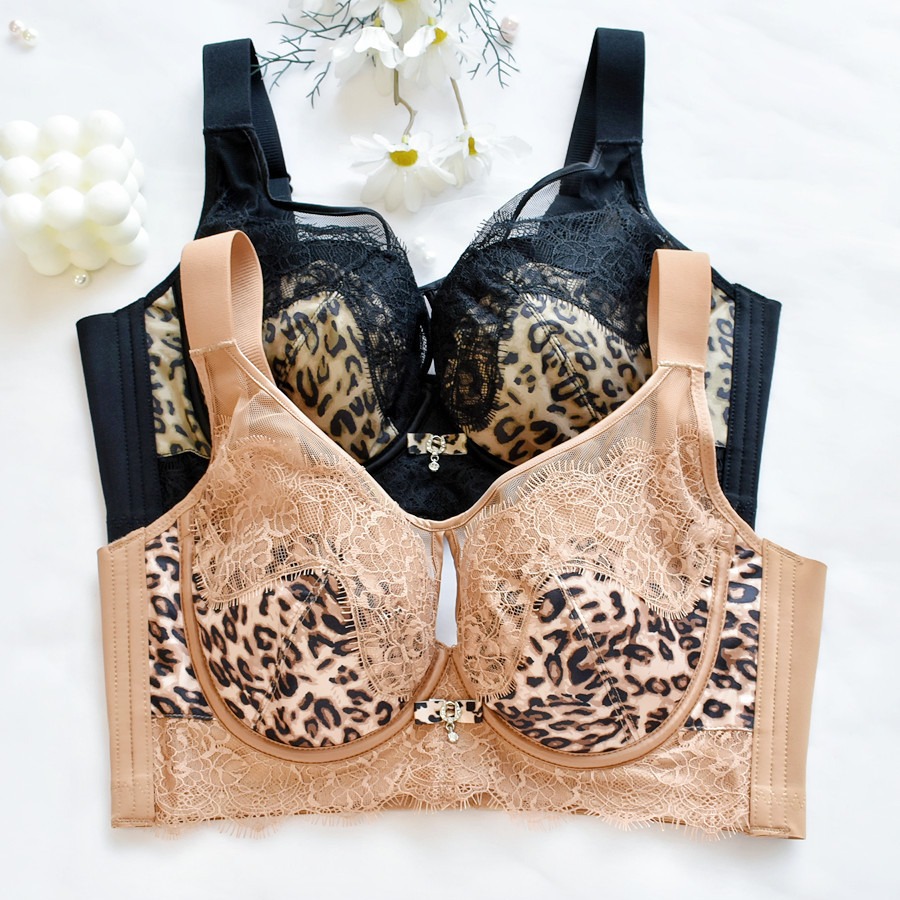 Los pechos grandes son pequeños, puro y sexy, encaje con estampado de leopardo, ropa interior hueca sin costuras, anillo de acero suave, soporte lateral, sujetador de pecho
