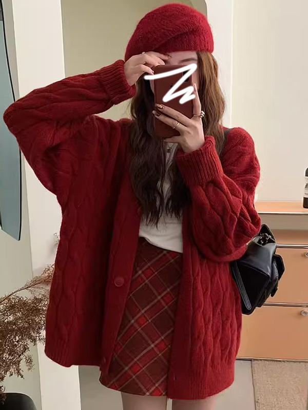 红色针织开衫毛衣外套女慵懒风过年秋冬季2025年新款宽松外穿上衣|undefined