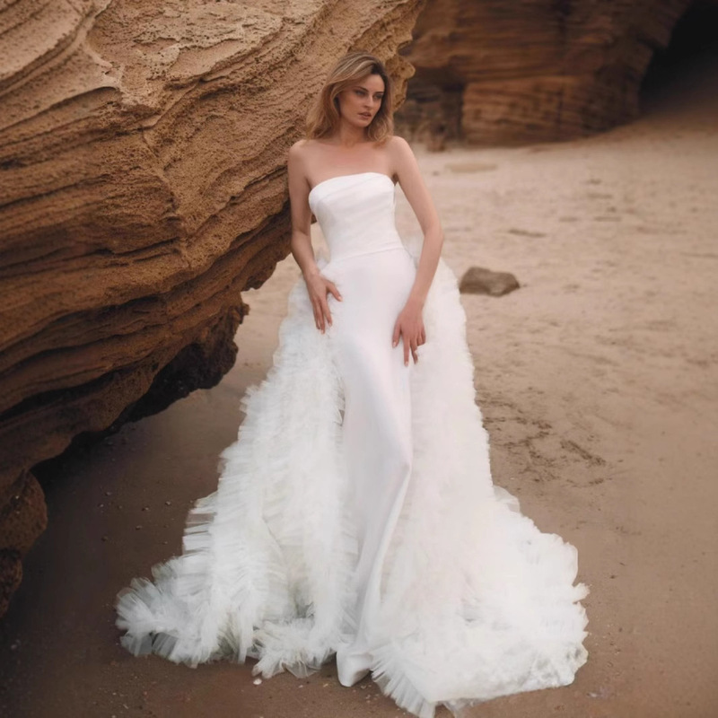 French Style Light Wedding Dress Mori Lawn Satin White Simple Strapless Fishtail Korean Style Two-Piece Dress Dress French Style Light Wedding Dress Mori Lawn Satin White Simple Strapless Fishtail Korean Style Two-Piece Dress Dress