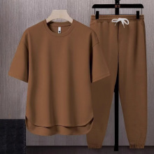 外贸一套搭配套装纯色男士T恤2025夏季日系潮流ins短袖长裤两件套