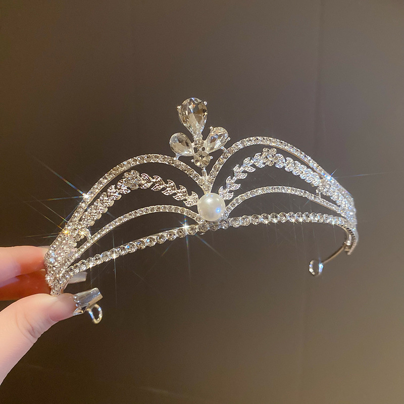19# Diadema - Corona de perlas con orejas de trigo florales con diamantes plateados