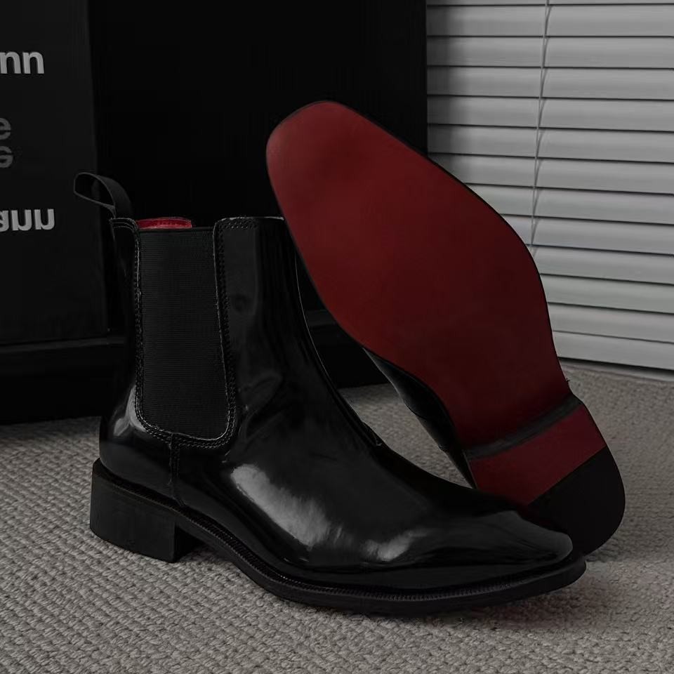Korean Style Trendy Mid-Top Red-Soled Patent Leather Square-Toe Chelsea Boots 2026 Autumn New Model Versatile Business Fashion for Young People