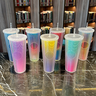 Cross-Border Amazon Large-Capacity Straw Cup Creative Double-Layer Durian Plastic Cup Summer Student Straw Cup Wholesale