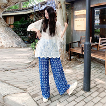 韩系复古休闲夏日穿搭套装女2025轻薄蕾丝t恤阔腿裤慵懒风两件套