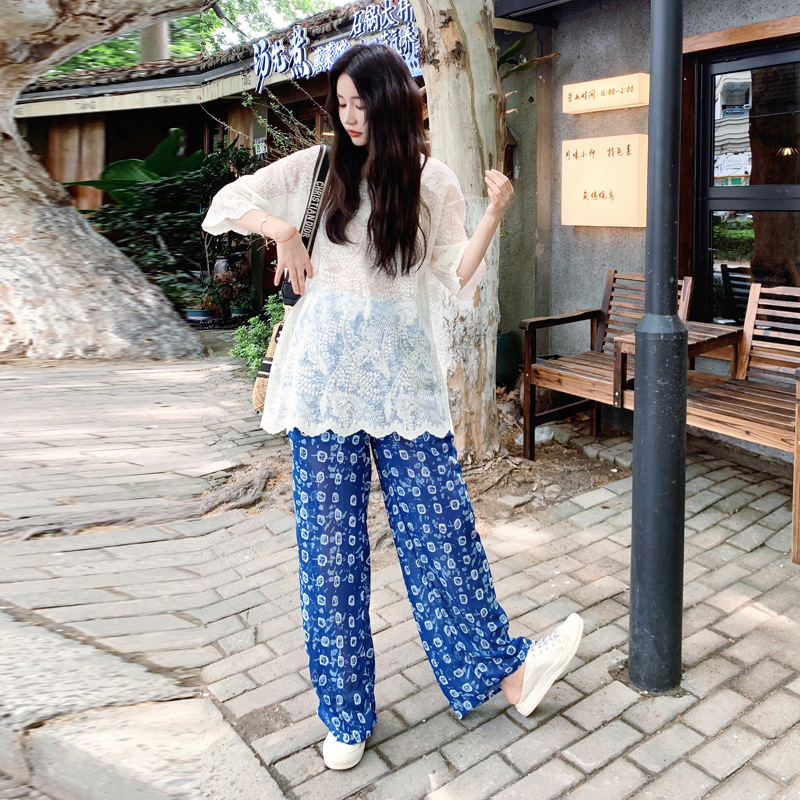 韩系复古休闲夏日穿搭套装女2025轻薄蕾丝t恤阔腿裤慵懒风两件套