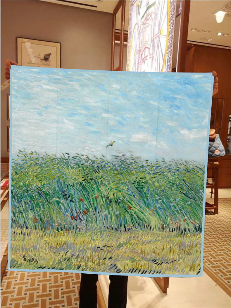 Ölgemälde Stil Twill Seide Quadrat für Frauen Van Gogh, Weizenfeld Sonnenblume handgemachte gerollt Rand sc, dekorative_voghion.com