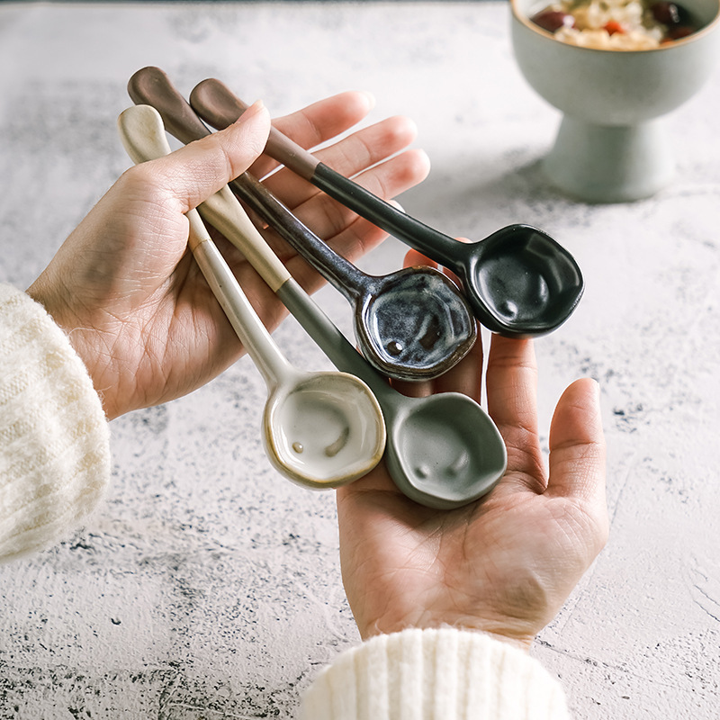 Ceramic heat-resistant coffee spoon long handle vintage Japanese clay seasoning mixing spoon wholesale stoneware handmade ins style small Ceramic heat-resistant coffee spoon long handle vintage Japanese clay seasoning mixing spoon wholesale stoneware handmade ins style small