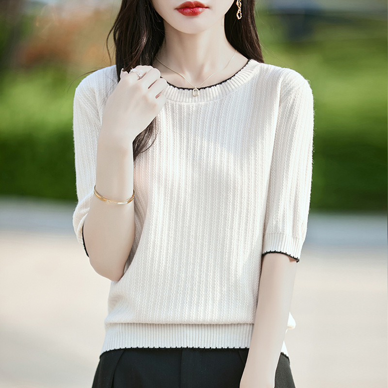 2026 Spring New Pullover Sweater for Women, Andy Velvet Round Neck Knitted Short Sleeve Sweater, Korean Style, Wholesale