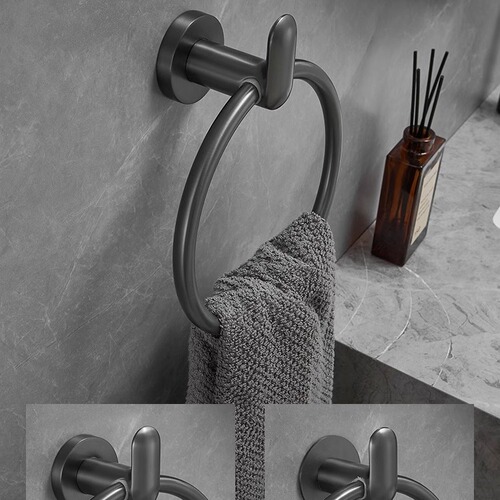 Stainless steel hanging towel rack gun gray punch-free ring round bathroom light luxury style towel ring towel ring bathroom