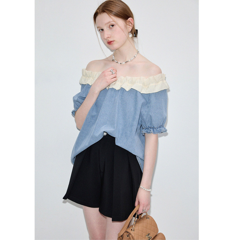 Denim Shirt Women's 2025 Summer New French Niche Loose Ruffled Round Neck Short Sleeve Top Denim Shirt Women's 2025 Summer New French Niche Loose Ruffled Round Neck Short Sleeve Top