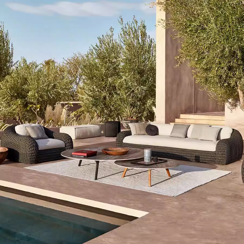 Sofá de caña al aire libre combinación de hotel villa patio sala de estar jardín al aire libre ocio nido de pájaros diseño de cuerda muebles trenzados