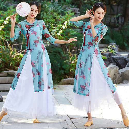 Square dance clothing new suit Chinese classical style ethnic dance practice clothes women's gauze and elegant cheongsam