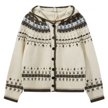 东莞大朗毛衣工厂提花连帽毛衣女冬季新款民族风百搭针织开衫外套