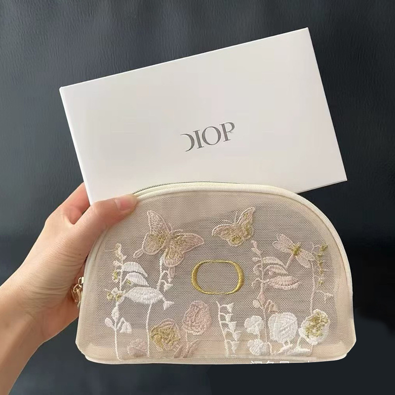 新しい貝殻型メッシュ刺繍花蝶半円レース化粧品袋中空ハンドヘルド化粧品収納袋|undefined