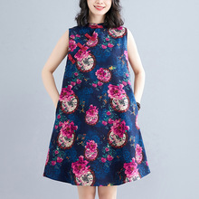 外贸大牌出口尾单女装中式改良印花棉麻背心旗袍裙盘扣显瘦连衣裙