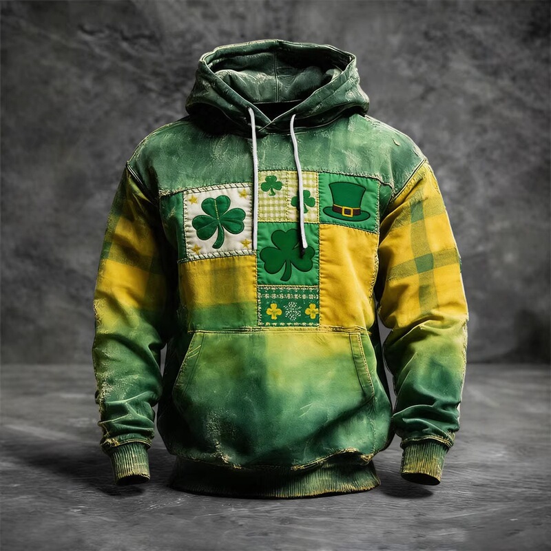 2026 Cross-Border Foreign Trade Amazon Independent Site New European and American Waffle-Pattern St. Patrick's Day Clover Hooded Sweatshirt